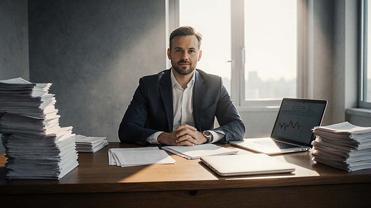 Michael Saylor sits at a wooden desk with stacks of Bitcoin investment documents and laptops bathed in warm success light