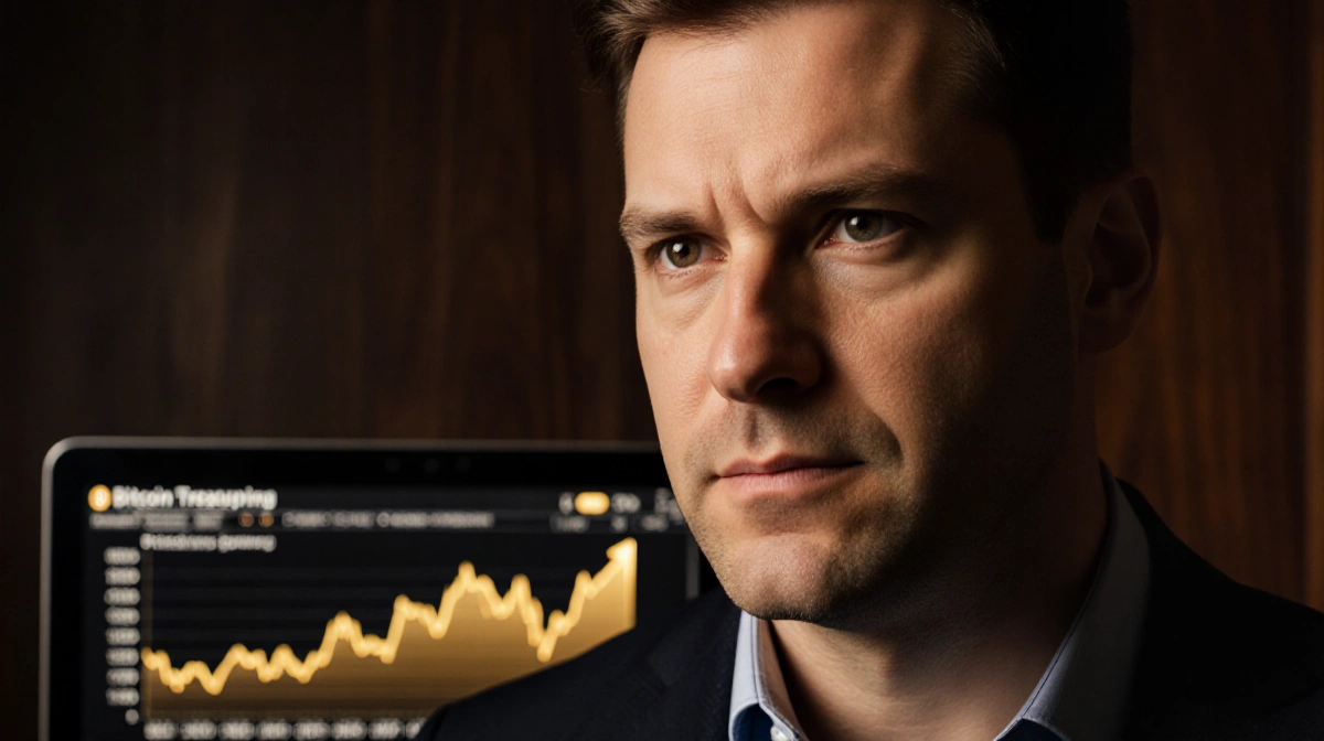 Michael Saylor confidently monitors Bitcoin price surge on screen with gold-toned wood paneling behind