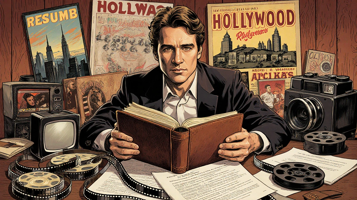 Michael Vartan holds a worn leather binder with vintage film reels and old scripts spilling out near classic movie cameras