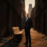 Michael Vartan stands alone in alleyway with golden light casting shadows and city skyline behind wooden bench