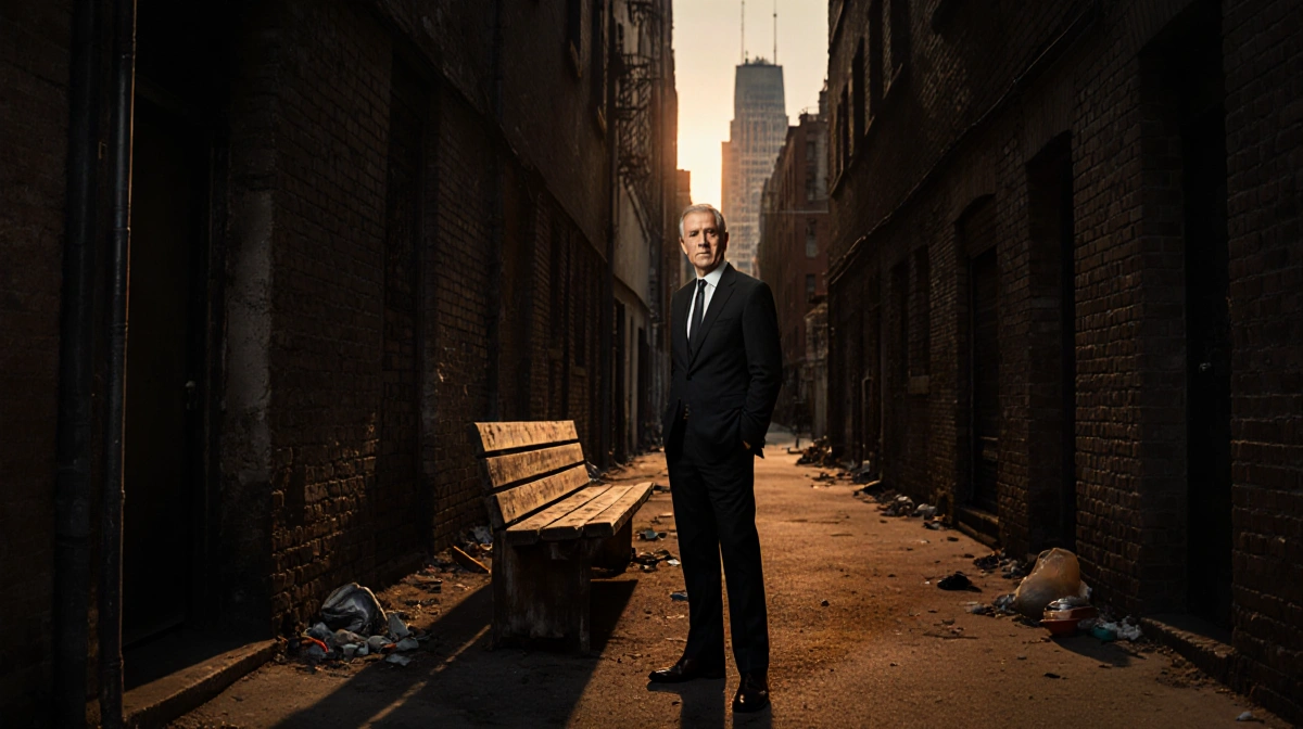 Michael Vartan stands alone in alleyway with golden light casting shadows and city skyline behind wooden bench