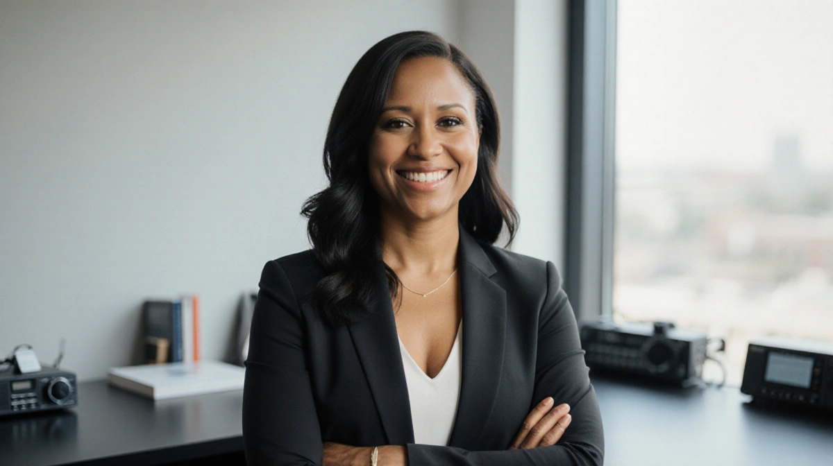 Michele Corriston stands confidently at desk with SiriusXM radio and book showing her media career journey