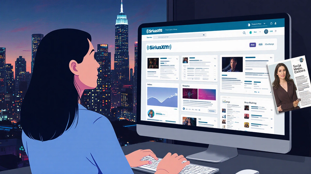 Michele Corriston typing at computer showing SiriusXM dashboard with city skyline and magazine in background
