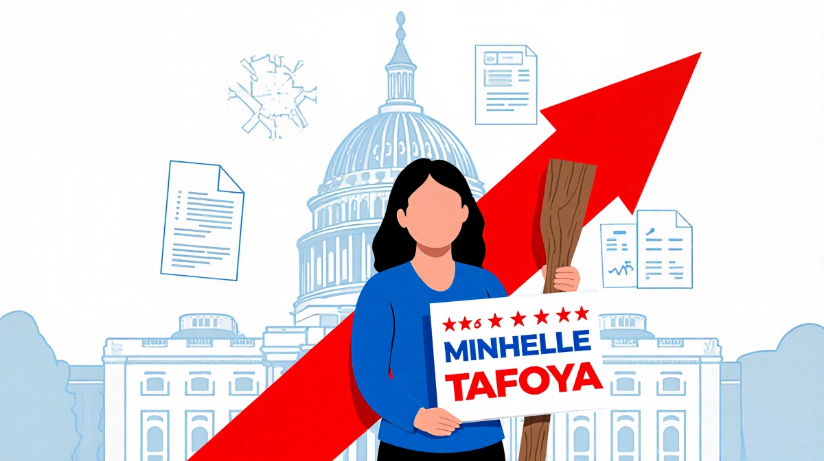 Michele Tafoya stands with cutting red tape sign and upward red arrow showing conservative policy reforms
