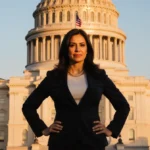 Michele Tafoya stands with hands on hips at Minnesota capitol with American flag and sunset behind her