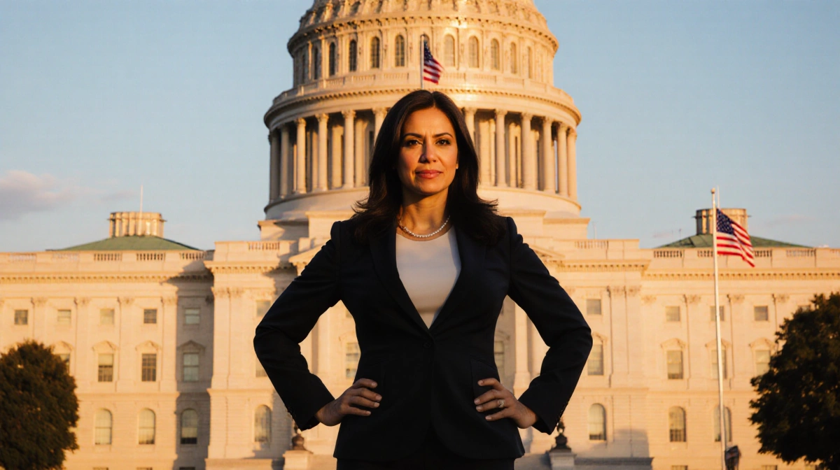Michele Tafoya stands with hands on hips at Minnesota capitol with American flag and sunset behind her