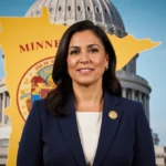 Michele Tafoya speaking at podium with navy suit and gold pin showing Minnesota Capitol building behind
