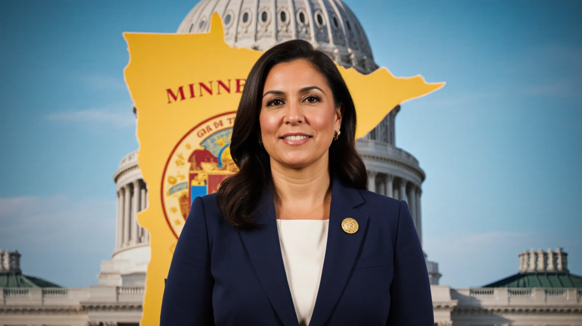 Michele Tafoya speaking at podium with navy suit and gold pin showing Minnesota Capitol building behind
