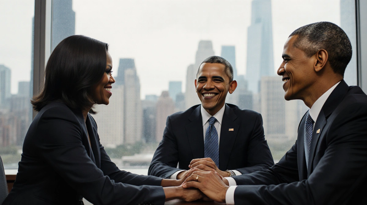 Barack and Michelle Obama hold hands across a desk with Chicago skyline behind them showing their early romance