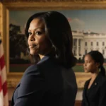 Michelle Obama stands confidently before American flag with White House behind her and warm golden lighting