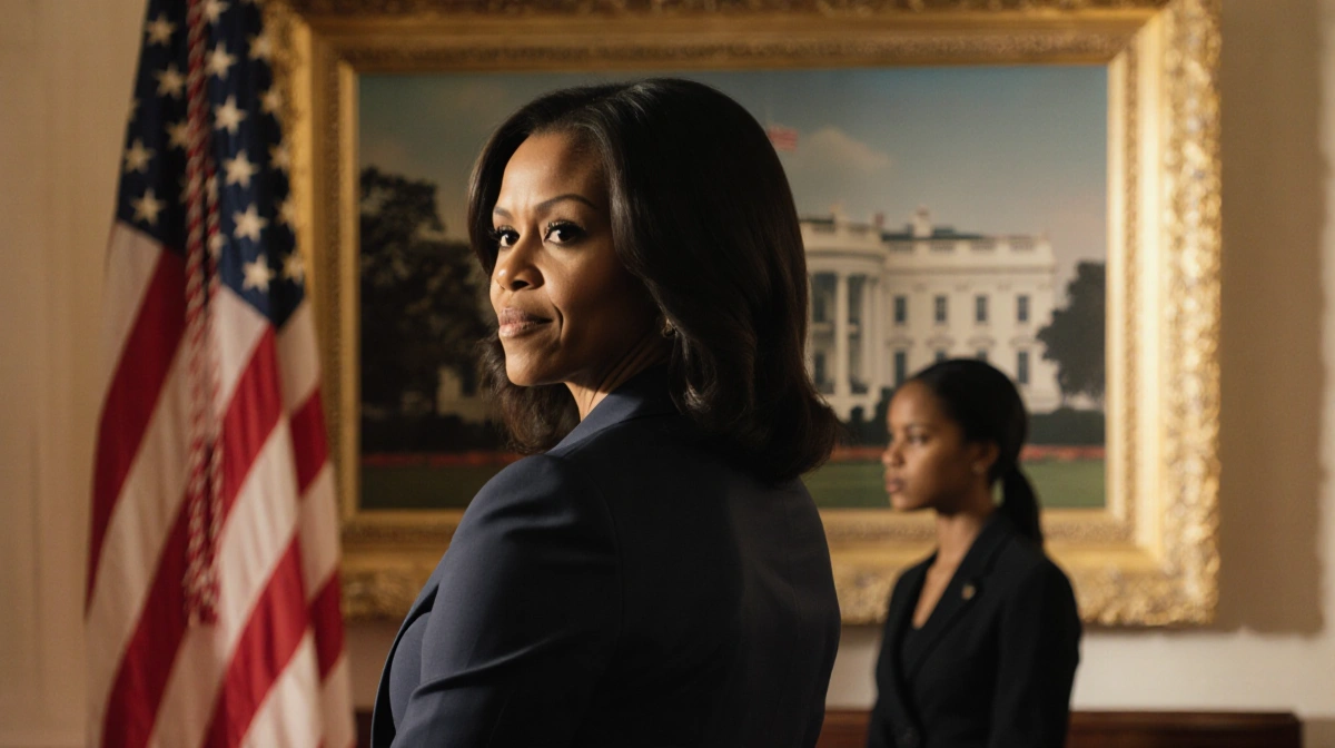 Michelle Obama stands confidently before American flag with White House behind her and warm golden lighting