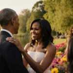 Michelle Obama celebrating her birthday with Barack beside her at lakefront garden with golden sunset light