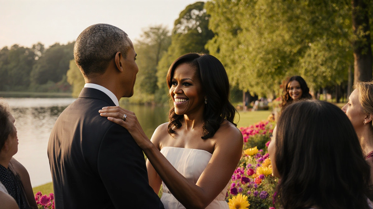 Michelle Obama celebrating her birthday with Barack beside her at lakefront garden with golden sunset light