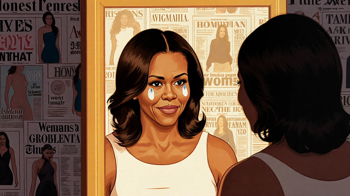 Michelle Obama gazes at her reflection with warm light highlighting her thoughtful expression and media headlines behind her