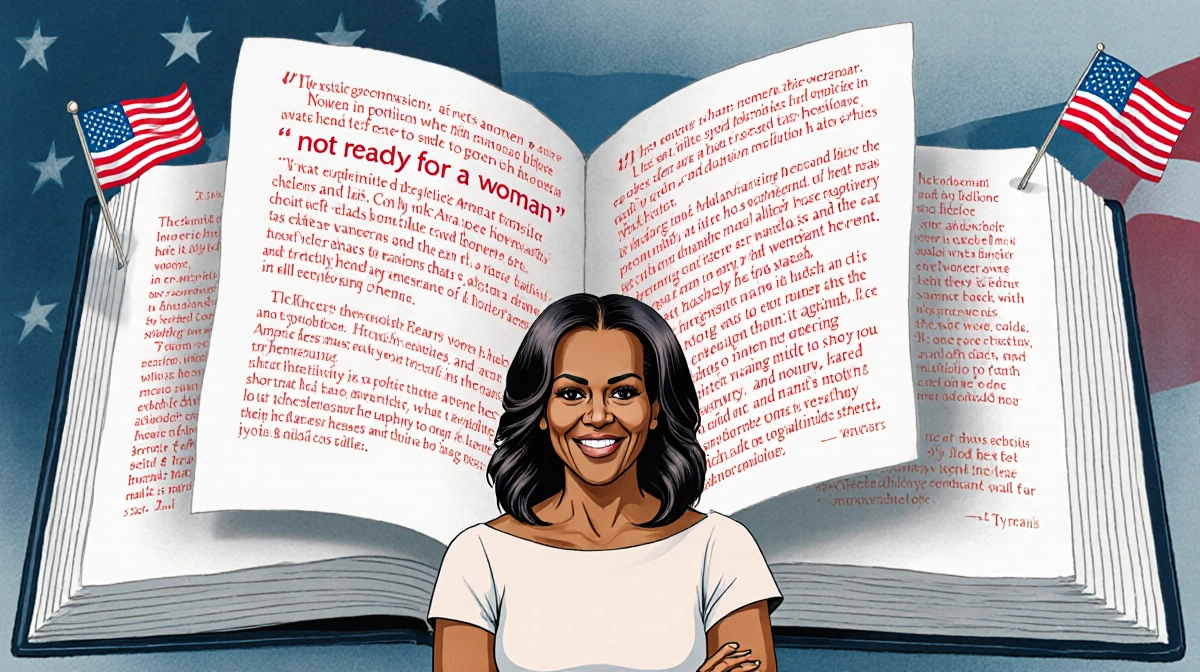 Michelle Obama stands confidently before an open book with American flags and political articles about women leaders