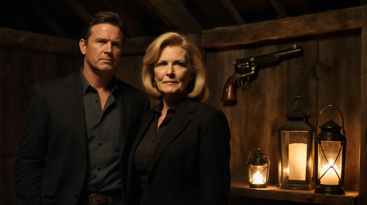 Michelle Pfeiffer stands with Kurt Russell in a lantern-lit barn with family revolver resting behind them