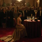 Golden Globe trophy sits on empty chair with champagne glasses and audience waiting for winner