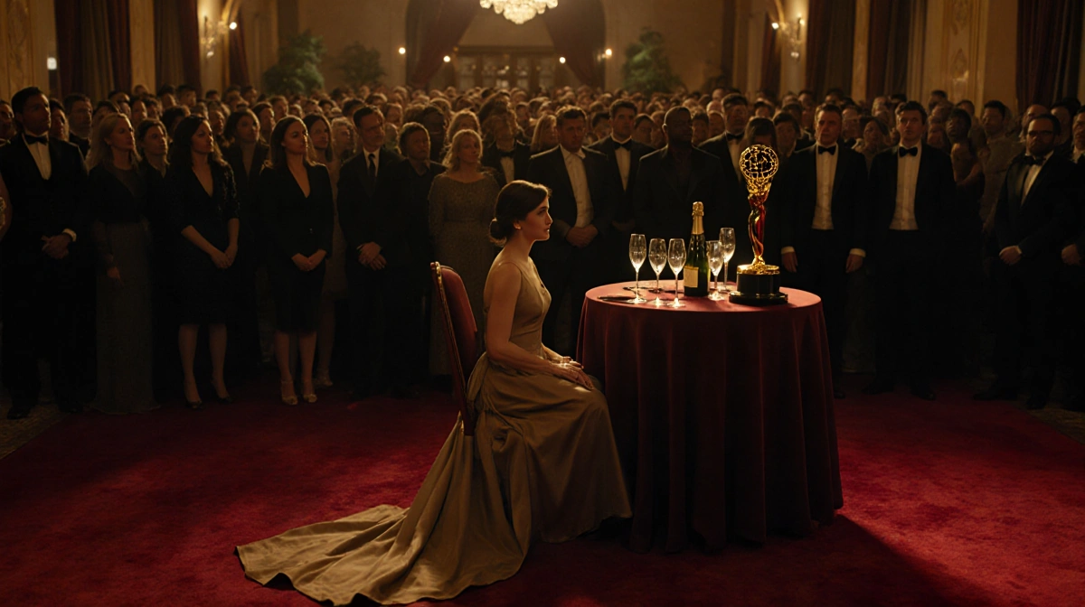Golden Globe trophy sits on empty chair with champagne glasses and audience waiting for winner