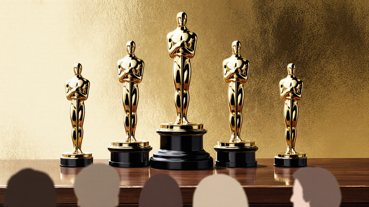 Five golden award statuettes arranged on polished wood with Michelle Williams' trophy centered above the others and blurred c