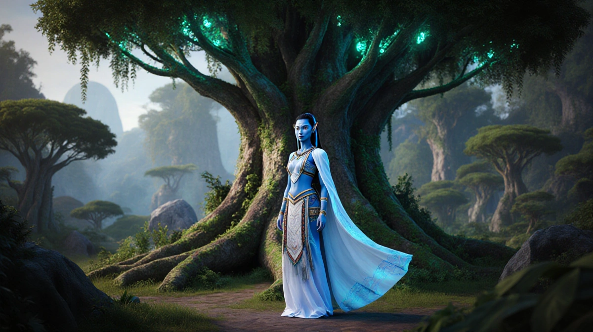 Michelle Yeoh stands before glowing Na'vi tree with blue light emanating from her skin and tribal cloak