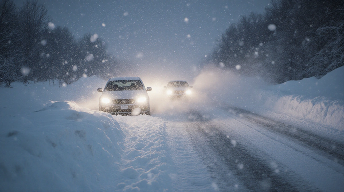 Cars stranded on snow-covered Michigan highway with headlights shining through heavy snowfall and blowing snow