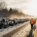 Emergency responders walk past 100 crashed cars piled up on Michigan highway with golden sun lighting the twisted metal