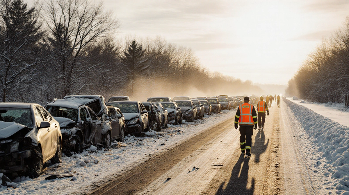 Emergency responders walk past 100 crashed cars piled up on Michigan highway with golden sun lighting the twisted metal