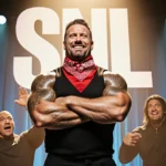 Mick Foley stands with crossed arms and mischievous grin with Dwayne Johnson looking surprised behind him and SNL logo glowin