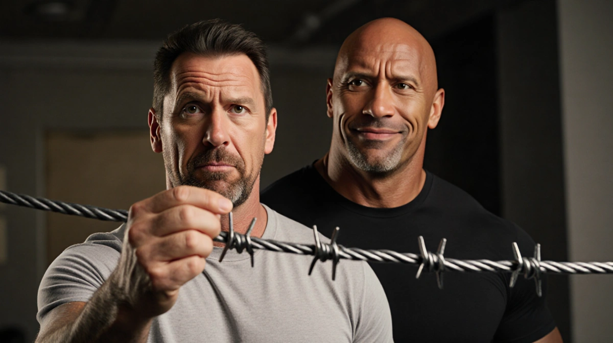 Mick Foley holding up barbed wire joke behind Dwayne Johnson with playful rivalry showing during SNL rehearsal
