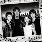Mick Jagger posing with his children in ornate frame decorated with music notes and vinyl records