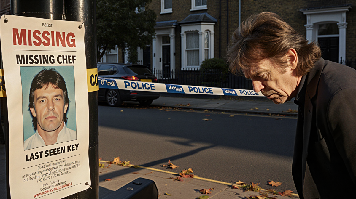 Mick Jagger worries looking at police tape with missing person poster and autumn leaves on pavement