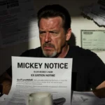 Mickey Rourke sits with eviction notice and torn check showing financial hardship and betrayal