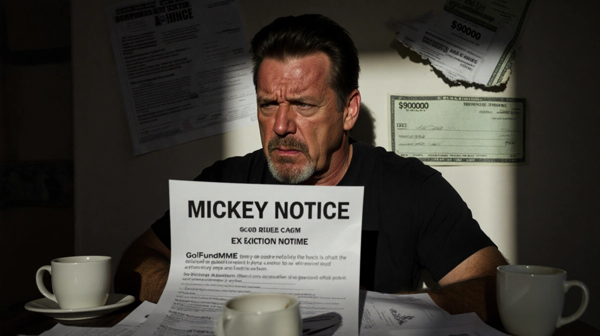 Mickey Rourke sits with eviction notice and torn check showing financial hardship and betrayal