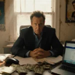Mickey Rourke sits frustrated at cluttered desk with cash stacks and donation receipts behind him