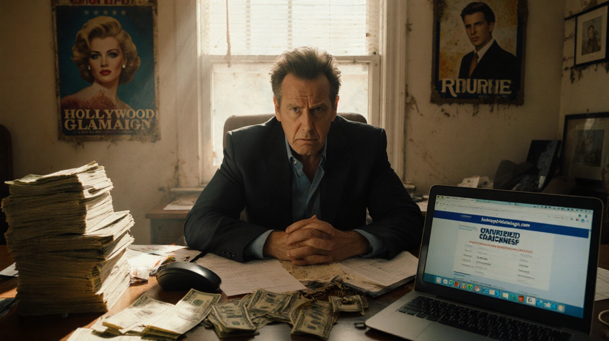 Mickey Rourke sits frustrated at cluttered desk with cash stacks and donation receipts behind him