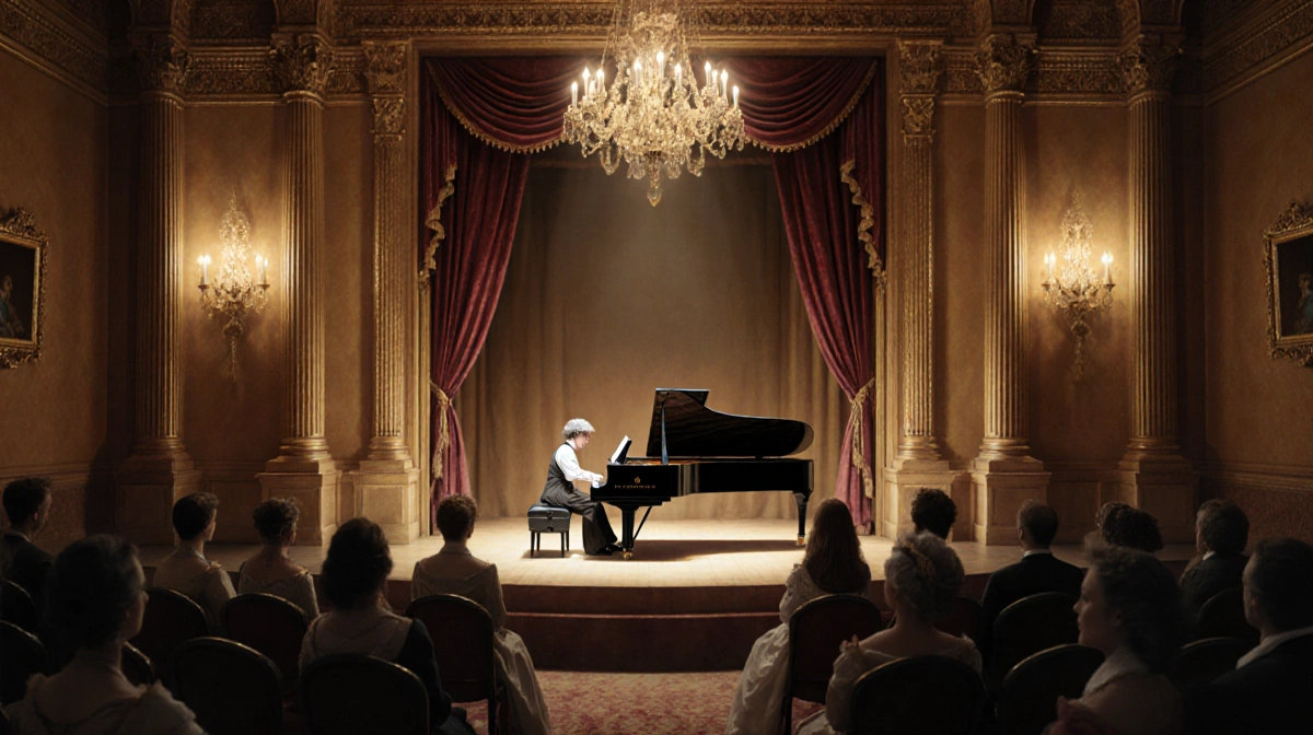 Pianist performing classical music on grand piano with audience in 18th century attire and ornate chandeliers overhead