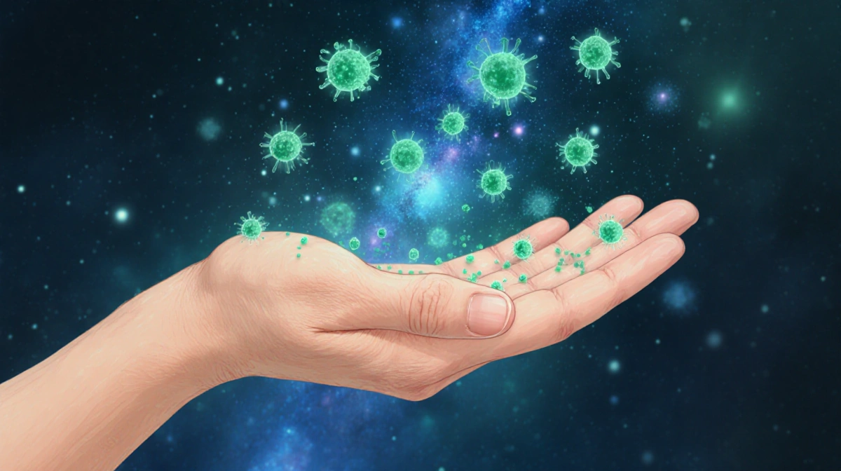 Hand showing glowing microorganisms with soft galaxy elements and blue green hues