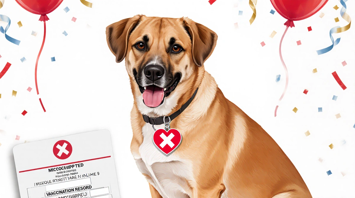 Percy the microchipped dog sits with vaccination badge and heart name tag showing he's ready for adoption