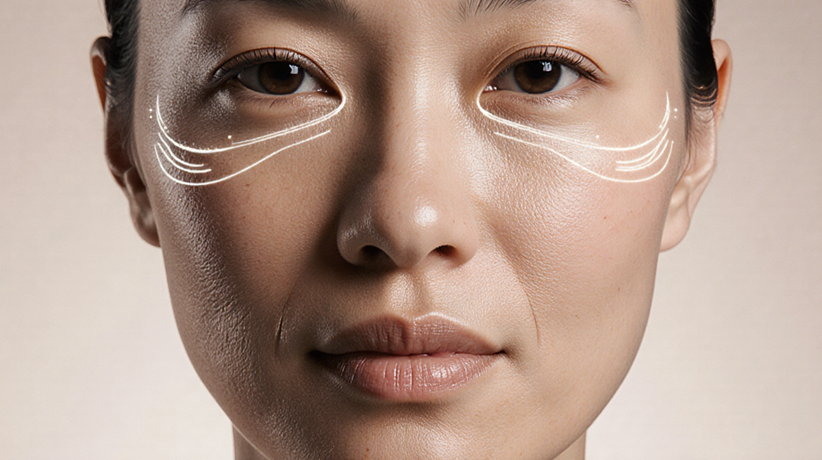 Person's face showing glowing lines and fine wrinkles with soft neutral background.