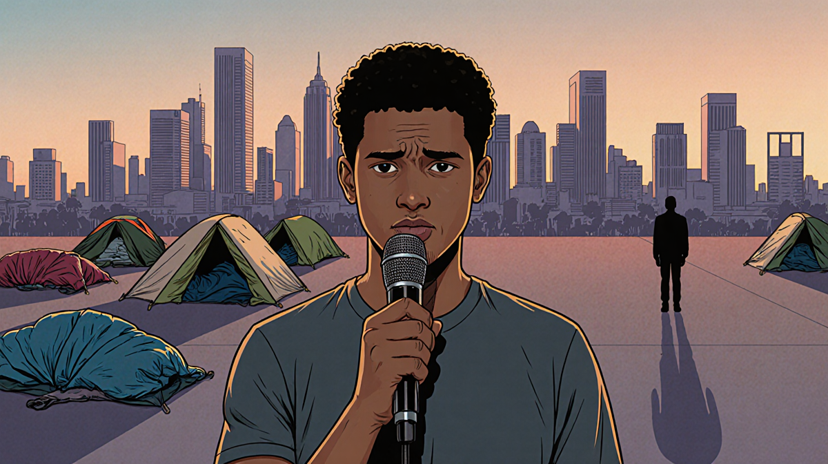 Person speaking into microphone with concerned face, Los Angeles skyline and faint homeless encampment in background