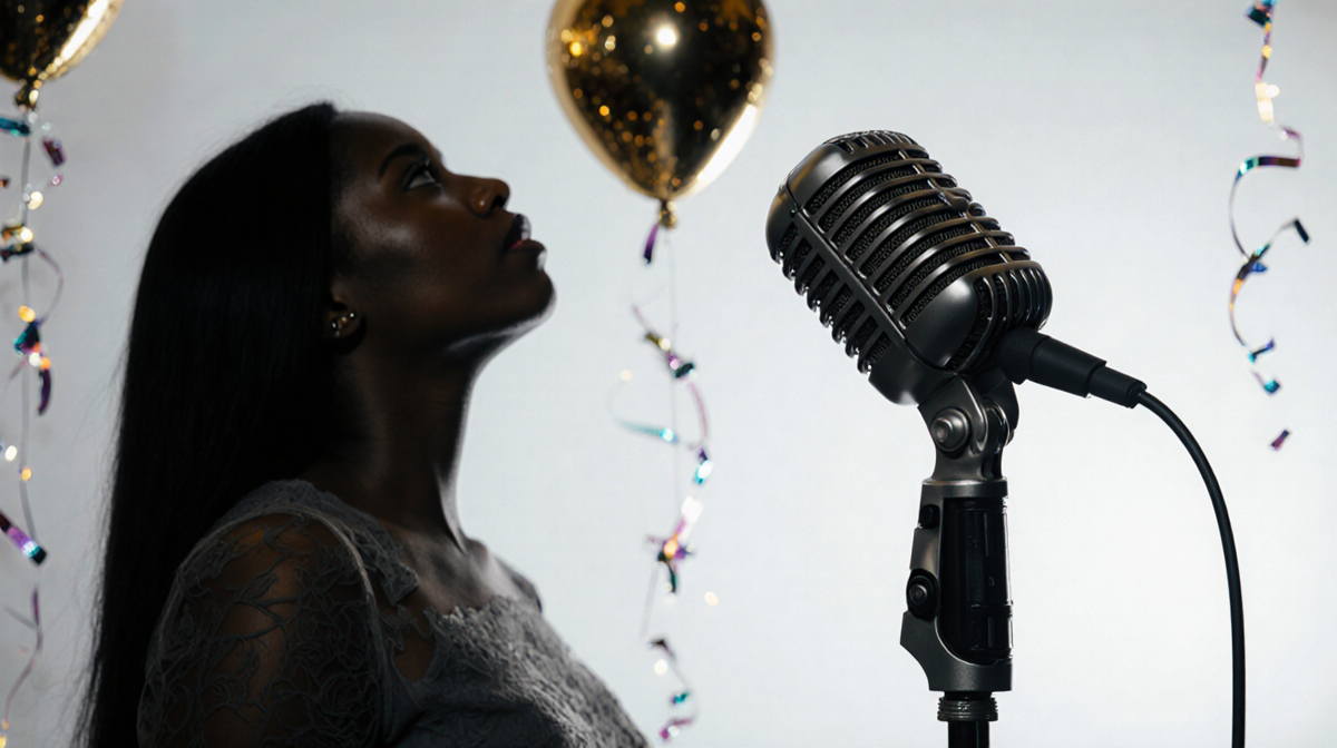 Microphone standing in dim light with a blurred face above and a faint New Year