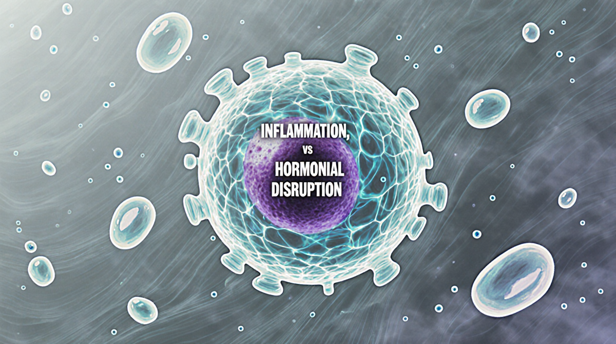 Cell showing inflammation and hormonal imbalance with swirling cytoplasm against muted plastic pollution background