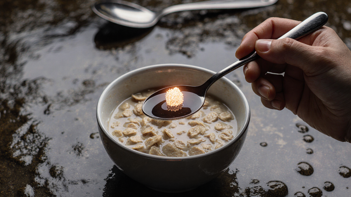 Hand holding spoonful of oatmeal with a microplastic particle floating and blurred dirty water and utensils in background.