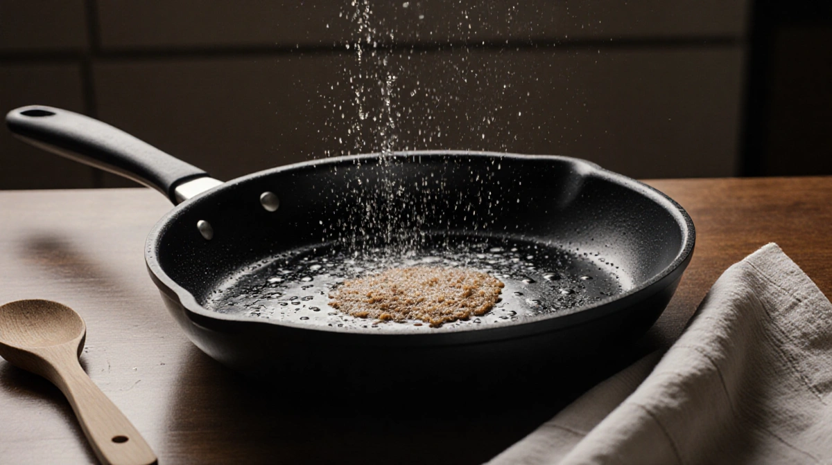 Non-stick frying pan sitting on kitchen table with water droplets and tiny plastic fibers escaping from rim showing microplas