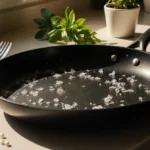 Kitchen counter shows plastic frying pan with visible microplastic fragments and fresh herbs nearby