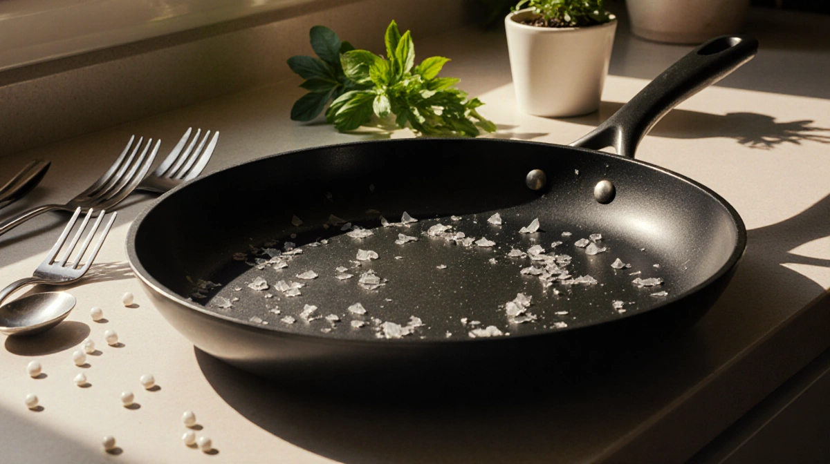 Kitchen counter shows plastic frying pan with visible microplastic fragments and fresh herbs nearby