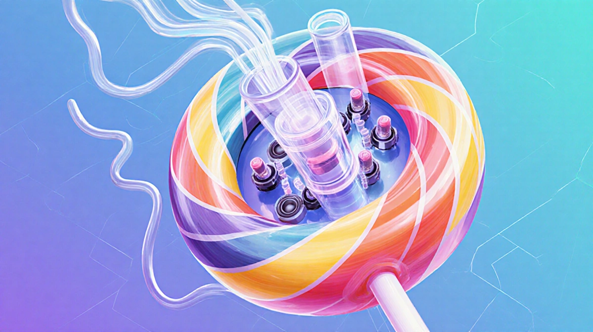 Tiny speakers inside a transparent lollipop emit colorful sound waves with futuristic tech tubes and vibrant energy