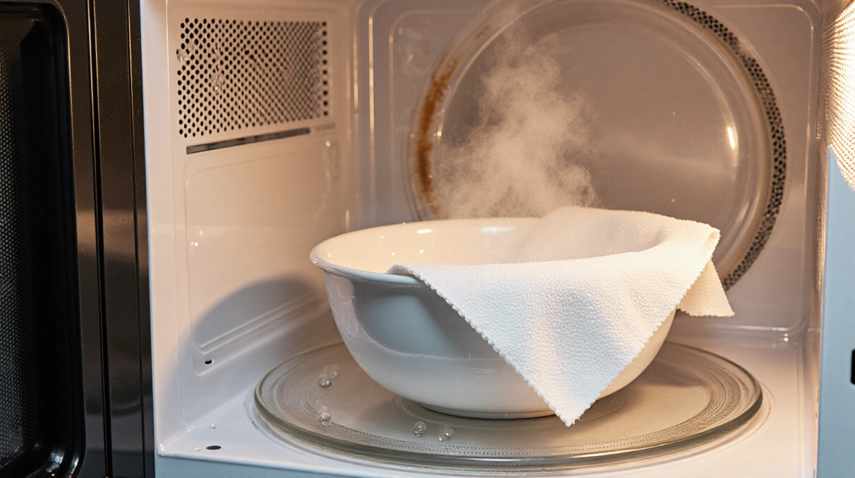Microwave steams bowl of food with paper towel cover and food cover nearby