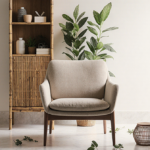 Mid-century accent chair sits against a creamy white bathroom wall with a bamboo cabinet and lush greenery nearby.