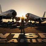 Two aircraft collide midair with a damaged plane and debris while a lone silhouette watches with sunset glow.